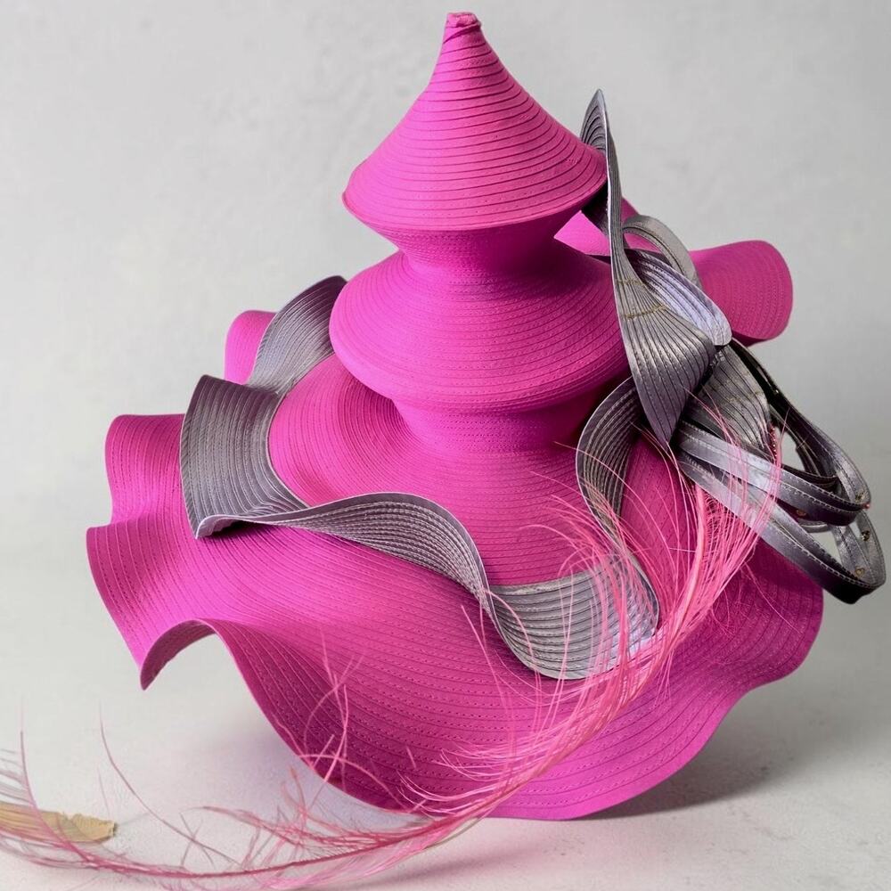 Donna Vinci Couture H1470 Orchid Pink Silver Sculptural Wide Brim Church Hat